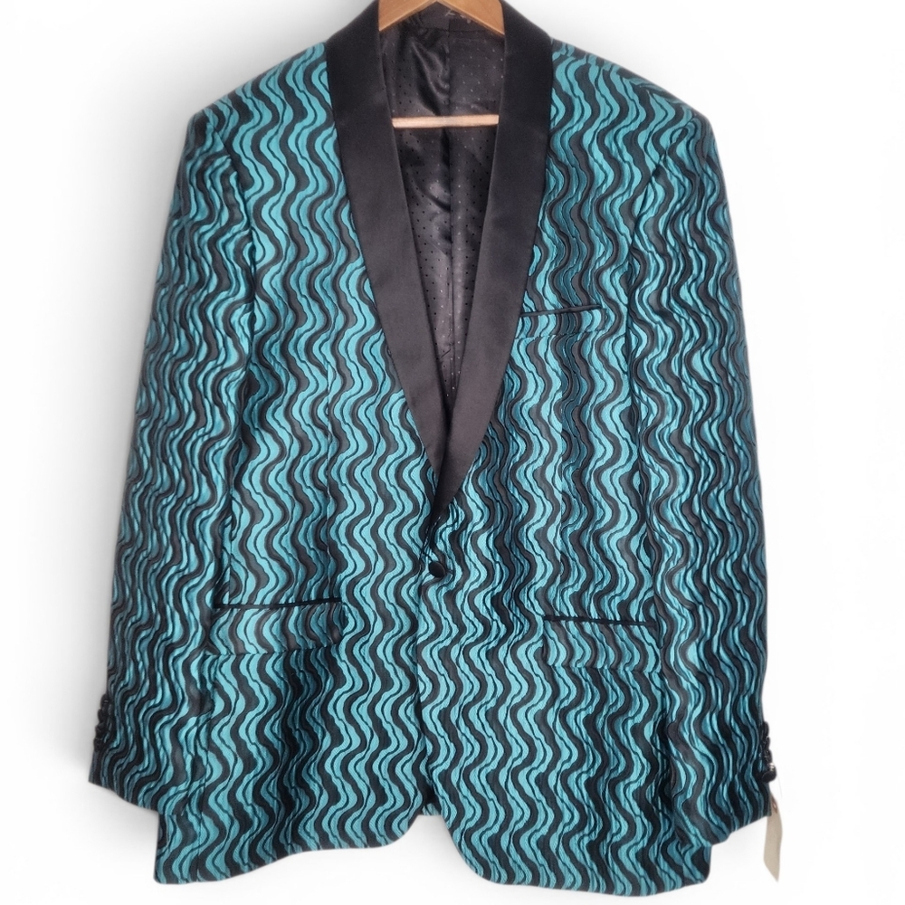 Manzini Tuxedo Style Jacquard Jacket in Teal and Black Size XL